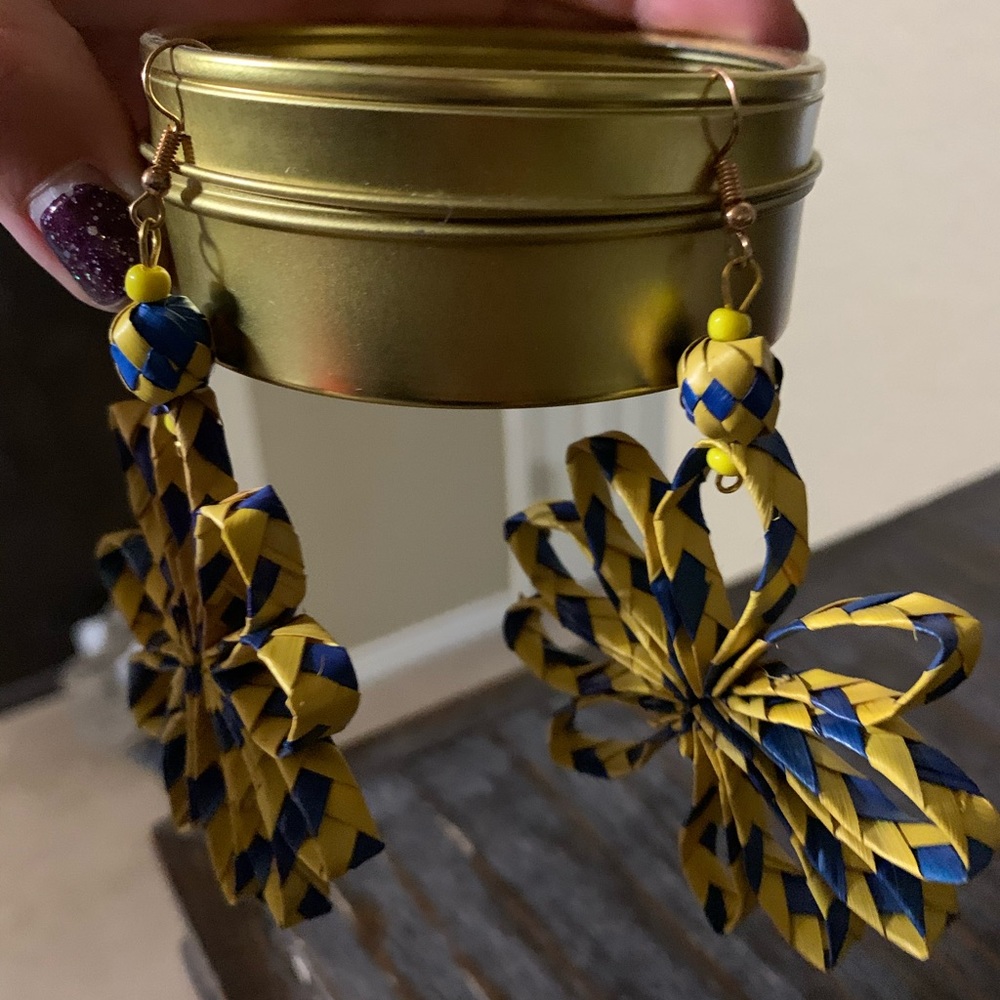 Blue and yellow (goldish) flowery earrings